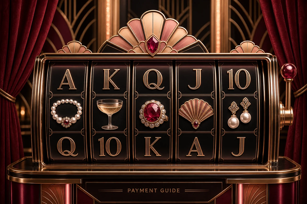 A glamorous Art Deco five-reel slot with champagne gold fans, ruby jewellery, velvet curtains and pearl symbols