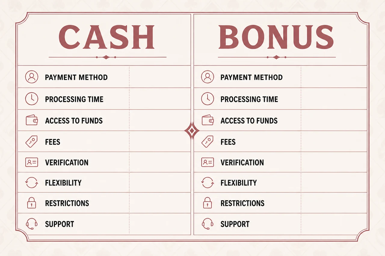 A promotion comparison sheet with two large columns "CASH" and "BONUS"