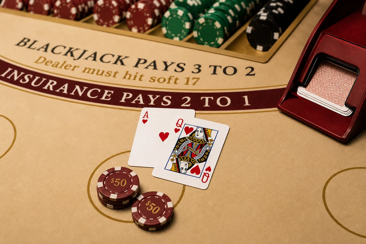 Close-up cream blackjack table showing ace and queen face up, burgundy clay chips, red card shoe, warm editorial photography