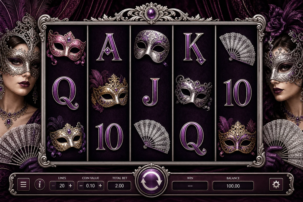 Five-reel masquerade casino slot with ornate adult Venetian masks, silver fans and deep plum velvet, dramatic precise game imagery