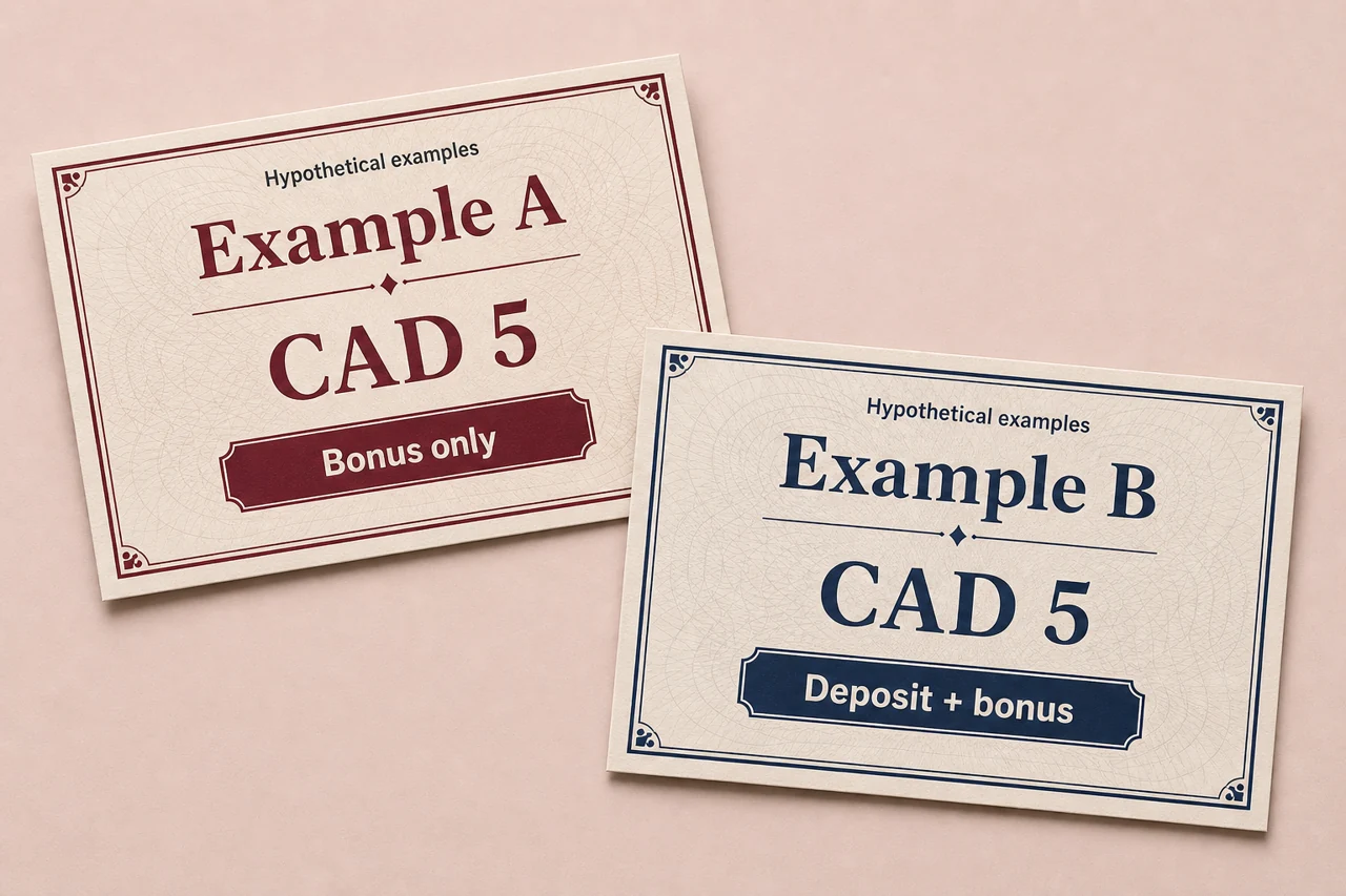 Two contrasting realistic paper vouchers titled "Example A" and "Example B", both "CAD 5" with distinct bold lines "Bonus only" and "Deposit + bonus"